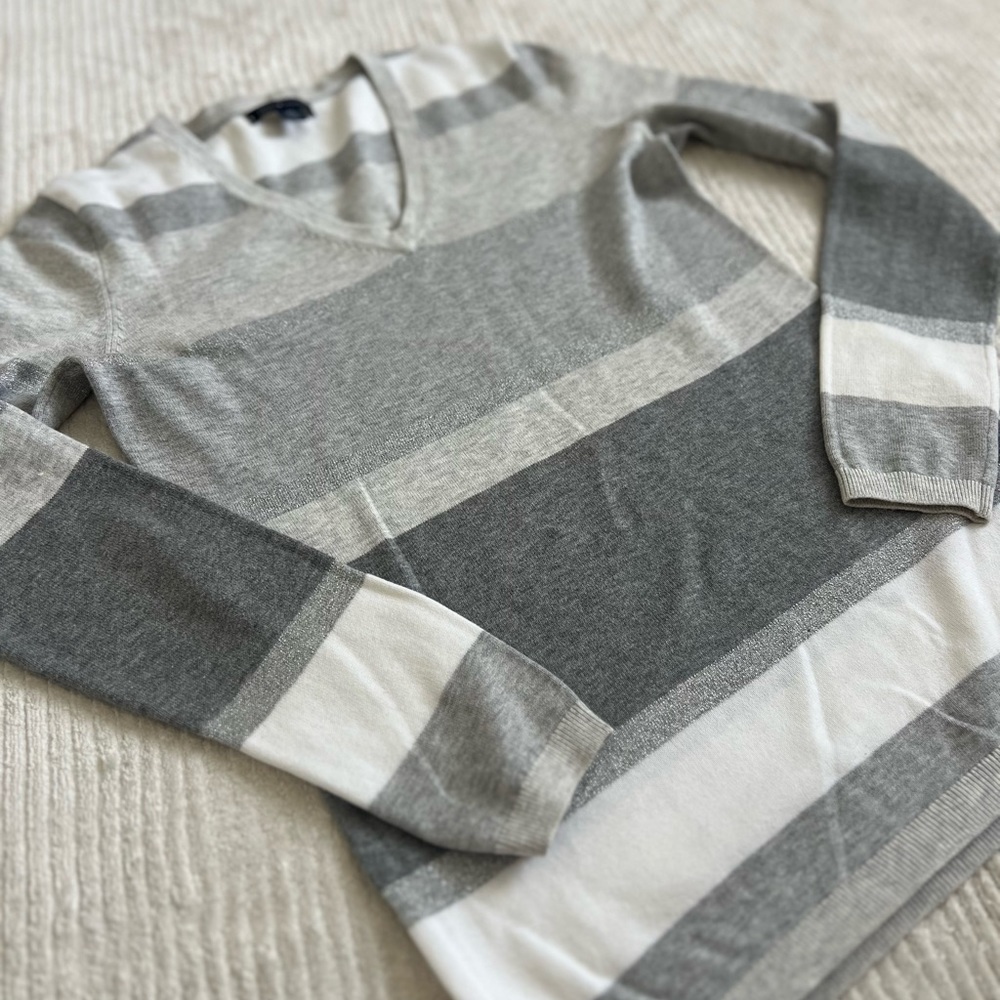 Tommy Hilfiger Striped V-Neck Sweater Grey Silver White XS Ladies